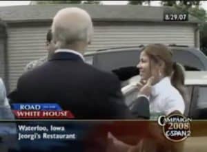 Joe Biden strokes woman's chin after meeting her