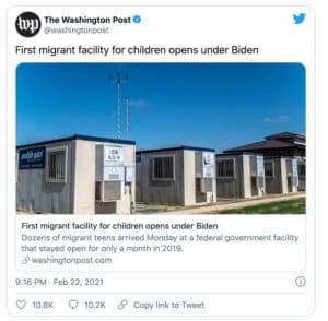 Washington Post tweet mentions the first migrant facility for children opens under Biden